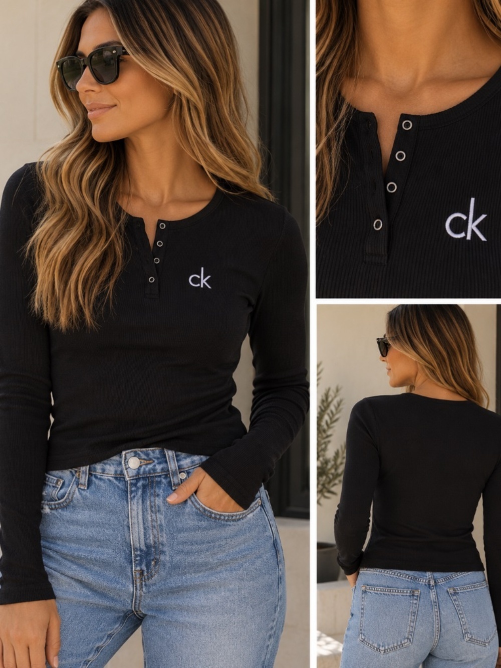 Calvin Klein Black Henley Ribbed S